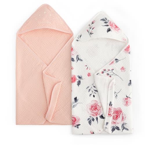 david's kids 2 Pack Hooded Baby Towels, Large 32"x32", 6 Layer 100% Muslin Cotton Highly Absorbent Girl Bath Towel for Newborn, Infant and Toddler. Ultra Soft and Breathable Baby Essentials, Rose