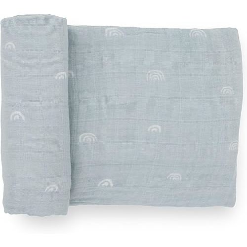 Little Unicorn - Cotton Muslin Swaddle Blanket | Single | 100% Cotton | Super Soft | Newborns and Infants | 47" x 47" | Unisex (Blue Rainbow)