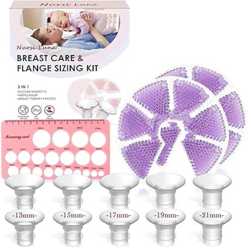 Flange Sizing Kit with Flange Inserts 13/15/17/19/21mm 10PCS, Nipple Ruler Tool, 2 Hot and Cold Breast Therapy Packs, Flange Insert for 24mm Pump, Breastfeeding Essential Kit for New Moms