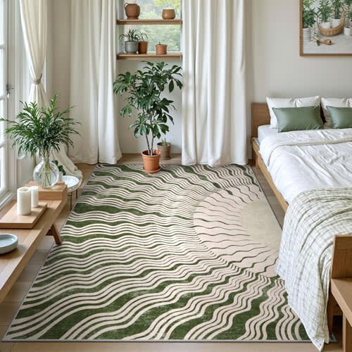 Hedlive Boho Washable Rugs 5x7, Sun Print Soft Green Rug for Bedroom Ultra-Thin Nursery Rug Non Slip, Stain Resistant Living Room Rug for Dining Room Classroom(5'x 7',Green/Multi)