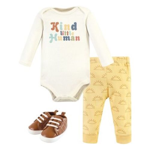 Hudson Baby Infant Boy Cotton Long-Sleeve Bodysuit, Pant and Shoe Set, Kind Human, Newborn