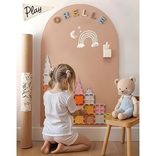 Orelle MagicWall | Magnetic Arch Wall Decal – Repositionable & Renter-Friendly | Peel & Stick Magnetic Wall Decal Chalkboard | Playroom Essentials | Includes Chalk & Holder | Large 24 x 39” | Mocha
