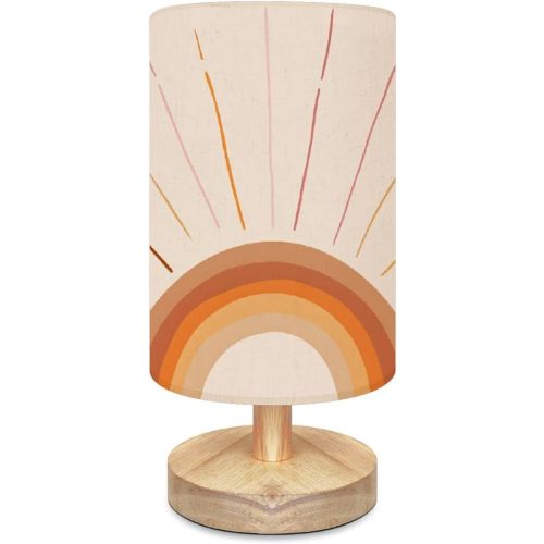 Cute Minimalist Bedside Table Lamp Boho Magic Rainbow Sun and Rays Abstract Geometric Solid Wood Nightstand Lamp Bedside Desk Lamps Wood Base Flaxen Fabric Shade for Girls Bedroom Nursery Living Room