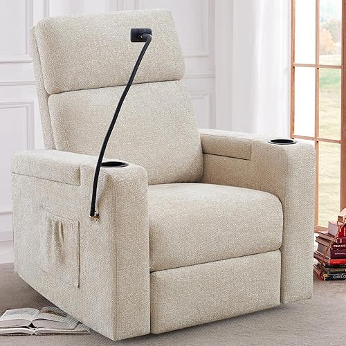 Power Recliner Chair Swivel Glider, Nursery Glider Recliner, Chenille Rocking Recliner Chair with Adjustable Phone Holder, Hidden Arm Storage, USB & Type-C for Living Room, Light Brown