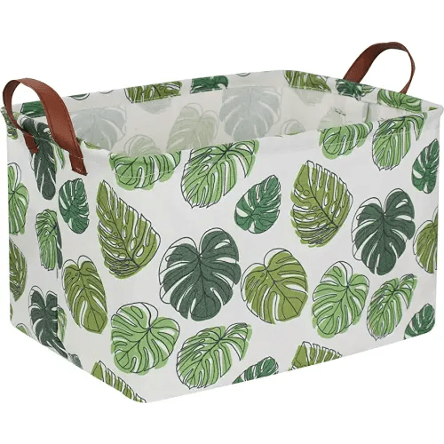 Rectangular Green Storage Basket,Collapsible Kids Toys Bin,Waterproof Safari Nursery Box with Handles for Bedroom,Jungle Theme Baby Gifts Basket,Momstera Decor(Leaf)