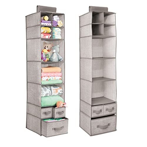 mDesign Soft Fabric Over Closet Rod Hanging Storage Organizer with 7 Shelves and 3 Removable Drawers for Child/Kids Room or Nursery - Textured Print - 2 Pack - Linen/Tan
