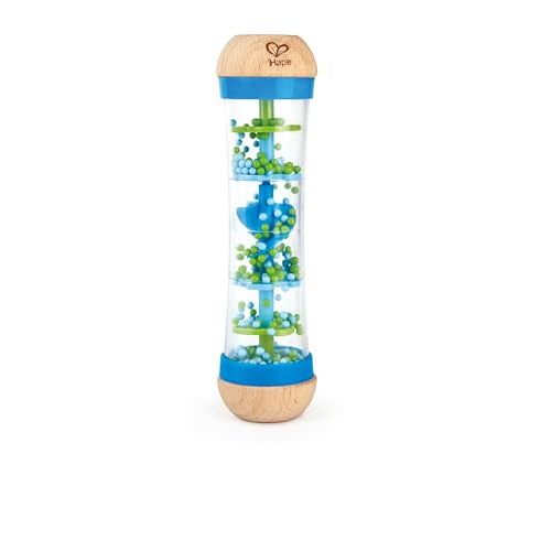 Hape Beaded Raindrops | Mini Wooden Musical Shake & Rattle Rainmaker Toy, Blue, Model Number: E0328B