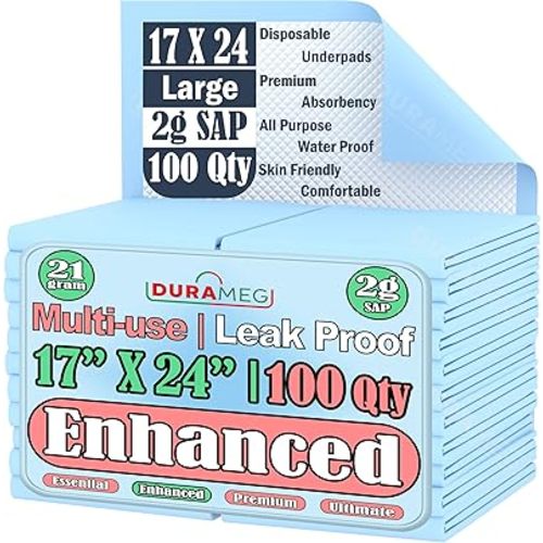 Durameg Chucks Pads 17x24 [100 Pack] – Disposable Blue Underpads with 2g SAP Fluff for Incontinence, Babies, Adults, Elderly & Pets – Leak-Proof, Absorbent Pee & Puppy Pads for Training