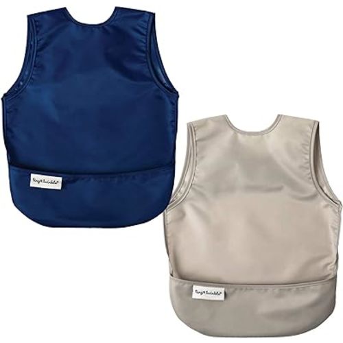 Tiny Twinkle Mess Proof Apron Bibs - 2 Pack Waterproof & Lightweight Baby Bibs for Led Weaning | 100% Recycled Polyester, Easy Clean & Machine Washable (Grey Indigo,Small 6-24 Months)