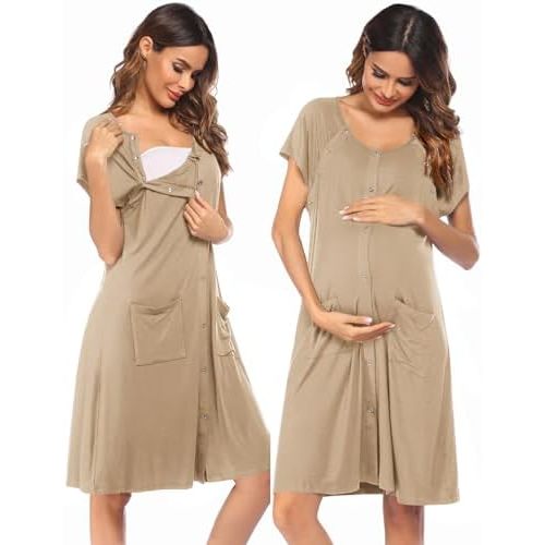 Ekouaer 3 in 1 Labor/Delivery/Hospital Gown Nursing Dress Maternity Nightgown Sleepwear for Breastfeeding with Button S-XXL