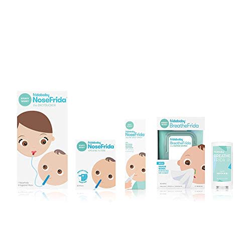 Frida Baby Cold and Flu Relief Bundle, Includes the NoseFrida Nasal Aspirator, Hygeine Filter, Saline Nasal Spray, Baby Vapor Rub & Vapor Nose & Chest Wipes - Cold and Flu Bundle (NoseFrida, Hygien Filters, BreathFrida Nose Wipes, Snot Spray and Vapor Rub