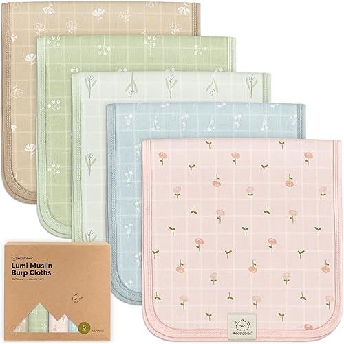 5-Pack Cotton Muslin Burp Cloths Baby Girls, Boys - Soft & Absorbent Spit Up Burp Rags, Large Muslin Towel, Cotton Wash Cloths for Babies, Newborn, Infant, No Shrink, Durable, Neutral (Wild Bloom)