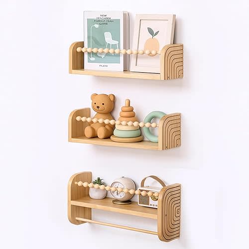 SAG's store Floating Nursery Shelves - Set of 3 Natural Wood Wall-Mounted Bookshelves for Kids Room, Baby Room, Nursery Decor - 15.7" Wide, Solid Wood Shelves for Books, Toys, and Decor Storage