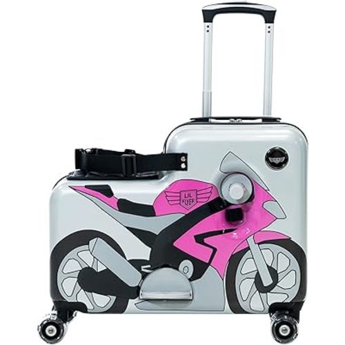 Younglingz Lil Flyer 20" kid ride on suitcase child stroller spinner luggage (Pink Motorcycle)