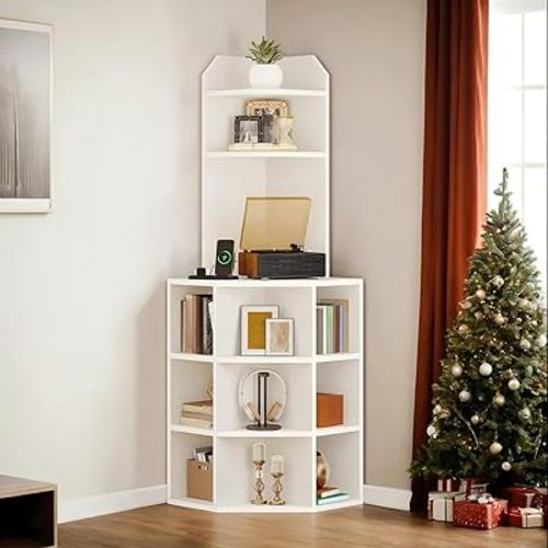 YITAHOME Corner Shelf with USB Ports & Outlets, Modern Corner Storage Cabinet Rack Charging Station, Wooden Display Bookshelf Bookcase for Living Room, Bedroom, Dining Room, Kitchen, White