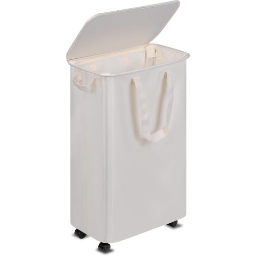 Slim Laundry Hamper with Lid and Wheels, Small Rolling Laundry Basket with Handle for Small Spaces, Tall Dirty Clothes Hampers for Dorm, Bathroom and Bedroom, 55L, Beige