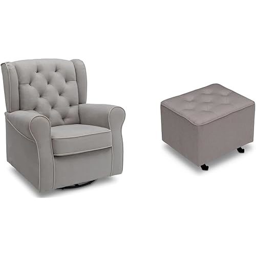 Delta Children Emerson Upholstered Glider Swivel Rocker Chair, Dove Grey with Soft Grey Welt & Diamond Tufted Gliding Ottoman, French Grey