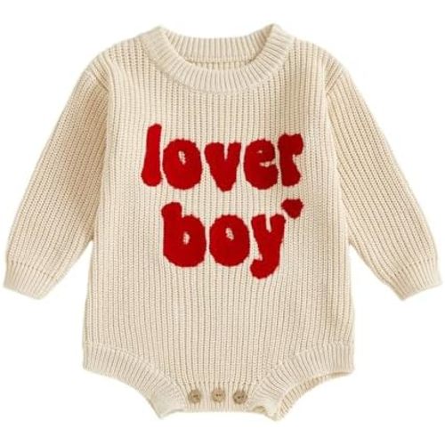 Lesimsam Newborn Baby Boy Valentines Day Outfit Lover Boy Embroidery Knit Sweater Romper Long Sleeve Bubble Bodysuit