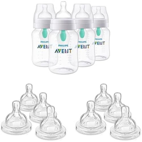 Philips AVENT Anti-Colic Baby Bottles with AirFree Vent (9oz, 4pk) + Anti-Colic Flow 3 & 4 Nipples (4pk Each)