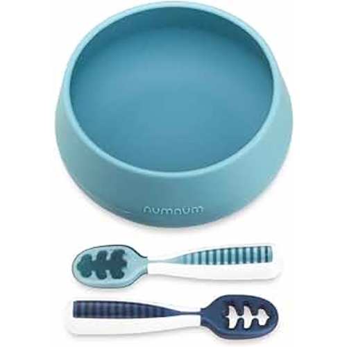 NumNum Suction Bowl + Pre-Spoon GOOtensils Self Feeding Set for Babies & Toddlers | Baby Spoon Set (Stage 1+ 2) | 100% Food Grade Silicone BPA-Free | Strong Suction | 4 months+ (Blue/Navy)