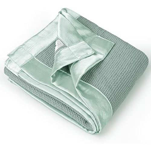 Lulu moon Swaddle Baby Blanket: Waffle Blanket with Satin Trim - Soft Breathable Toddler Blanket Perfect for Nursing Cover and Playtime - Cotton Crib Blanket for Daytime Naps 40"x36"(Sage)