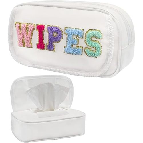 Portable Reusable Wipe Dispenser, Chenille Letter Wipes Container Newborn Baby Essentials Must Haves for Nursery Changing Table Car Travel, White Waterproof Wipe Holder for Mom to Be
