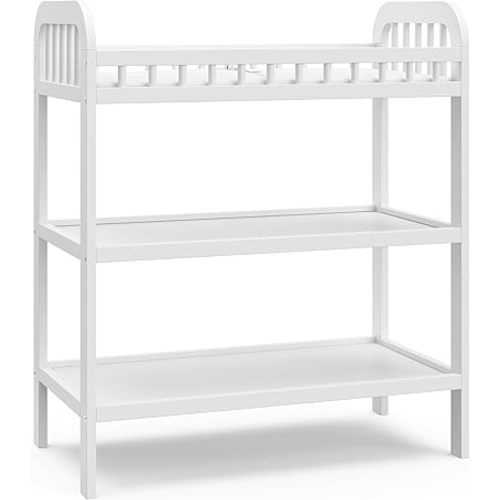 Storkcraft Pasadena Changing Table with Water-Resistant Changing Pad (White) - GREENGUARD Gold Certified, Includes Bonus Water-Resistant Changing Pad with Safety Strap, 2 Open Shelves