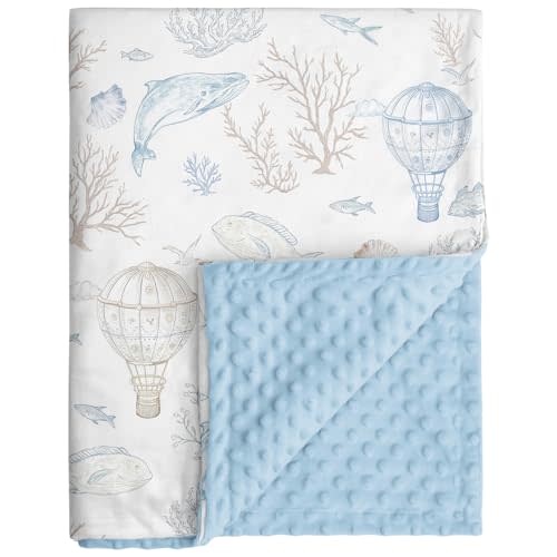 Whale Baby Fleece Blanket Neutral for Boys Girls, Soft Kid Throw Minky Blanket Double Layer with Dotted Backing, 30 x 40 Inch Blue Whale Hot-air Balloon Print