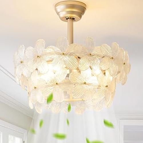 20" Gold Crystal Fandelier Ceiling Fans with Lights, Gold Flower Chandelier Ceiling Fan with Light Remote Control, Morden Caged with 6 Speeds for Bedroom, Nursery, Living Room(Clear)