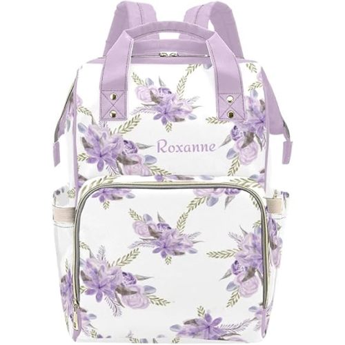 Purple Flower Diaper Bags Backpack with Name Personalized Nursing Nappy Bag Travel Tote Bag Gifts