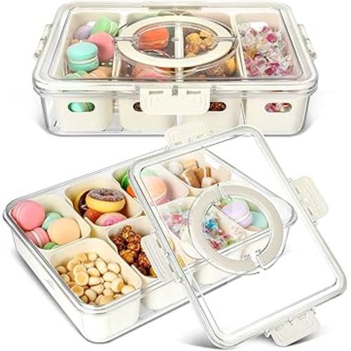 2 Pcs Divided Serving Tray with Lid and Handle 12/11 Inch Snack Box Charcuterie Container Portable Veggie Tray Snack Platters Compartment Food Container for Candy Fruits Party Entertaining