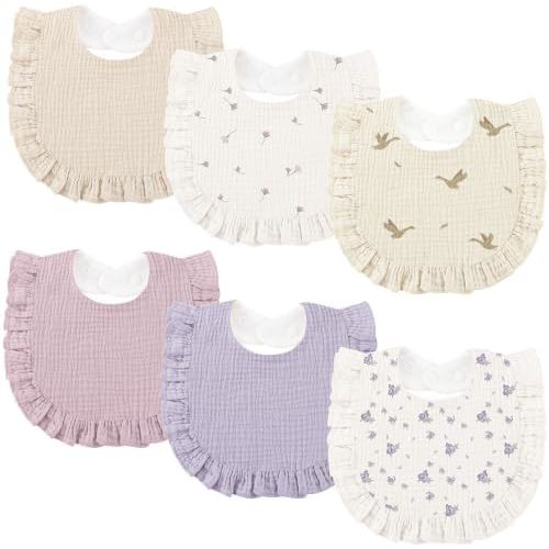 Bearmoss 6 Pack Baby Girl Bibs for Newborn, Muslin Bibs with Ruffle Trim