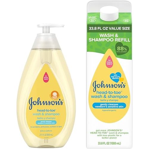 Johnson's Baby Head to Toe Baby Bath Starter Kit, Hypoallergenic Wash & Shampoo for Baby's Sensitive Skin & Hair, Baby Bath Bottle, 27.1 fl. Oz, and Value Size Baby Wash Refill Pack, 33.8 fl. Oz