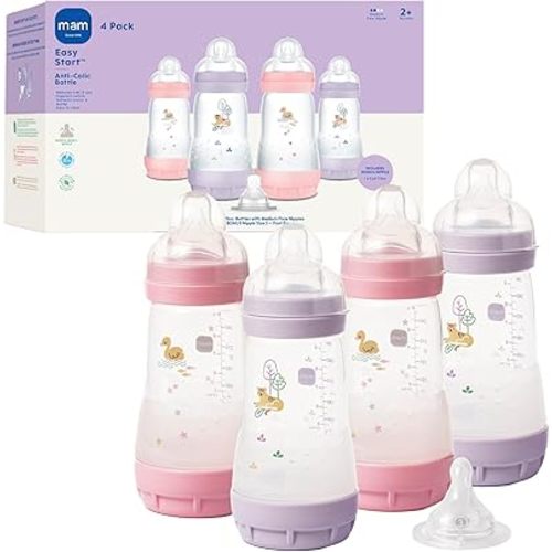 MAM 9oz Easy Start Anti-Colic Wide Neck Baby Bottle, Medium Flow Breastfeeding-Like Nipple, Reduces Colic Gas & Reflux, Easy to Clean, BPA Free, 2+ Months, Made in Europe, Bonus Fast Flow Nipple, 4 Pk