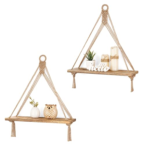 Mkono Macrame Hanging Shelves Boho Wall Decor Set of 2 Rustic Wood Floating Storage Shelf for Bedroom Bathroom Living Room Nursery Dorm Room, Display Shelving for Hanging Plants Photos