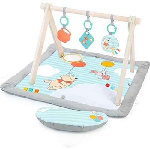 Bright Starts Disney Winnie The Pooh Once Upon a Tummy Time Baby Play Mat with Wooden Toy Bar, Tummy Time Mat and Play Gym, Sensory Toys, Blue, Newborn