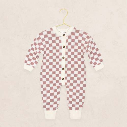Knit Long Sleeve Onesie - Mauve Checkered