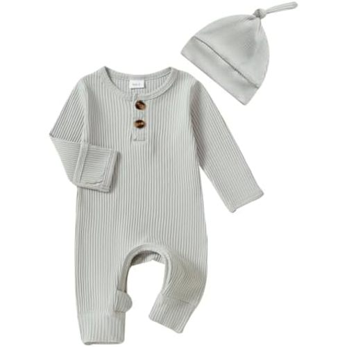 Infant Boys Girls Clothes Set Newborn Baby Romper Hat Ribbed Knit Long Sleeve Button Solid Bodysuit Jumpsuit