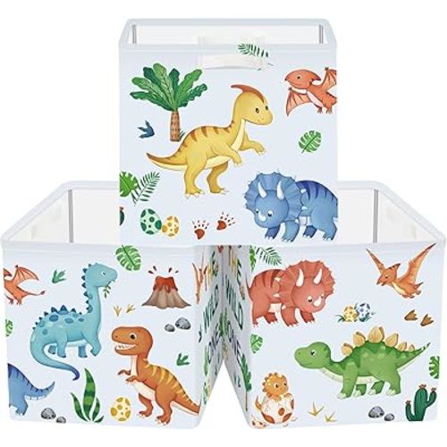 11.8" Boho Dinosaurs Cube Storage Organizer Set 3Pcs Palms Eggs Cube Storage Bin for Bathroom/Bedroom Kid Book Toy Chest, Volcanoes
