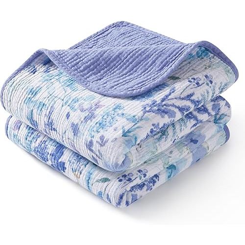 TILLYOU Muslin Baby Blankets for Girls Boys, Cotton Baby Blankets, Soft Breathable and Lightweight 40"X40", Blue Flower