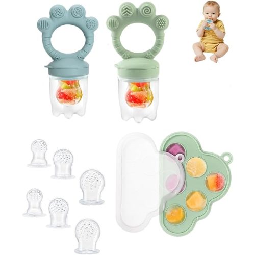 Baby Popsicle Molds & Food Feeder Set, Baby Fruit Feeder for Infant Teething Relief & Safe Infant Self Feeding 4 Months+ Starting Solids for Essentials (Green+Blue)