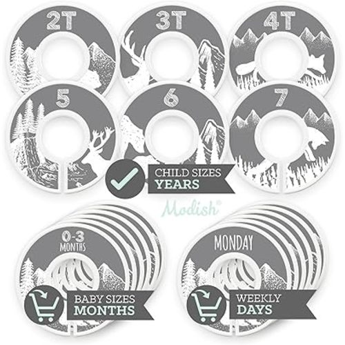 Kids Clothes Closet Organization, Hanging Size Dividers: Months & Years, Baby Toddler Children Girl Boy Neutral Gray Woodland Animal Outdoor Mountain Forest Safari Explorer Nursery Room Décor Gift