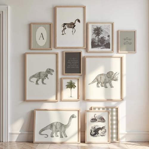 Dinosaur Gallery Wall Art Set of 25 Print Dino Poster Initial Name Personalized Gift Boy Dinosaur Decor Toddler Adventure Room Playroom Dino