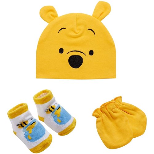 Disney Newborn Baby Boys’ Take Me Home Layette Gift Set: 3D Ear Hat, Socks and Mitten: Mickey Mouse, Winnie The Pooh