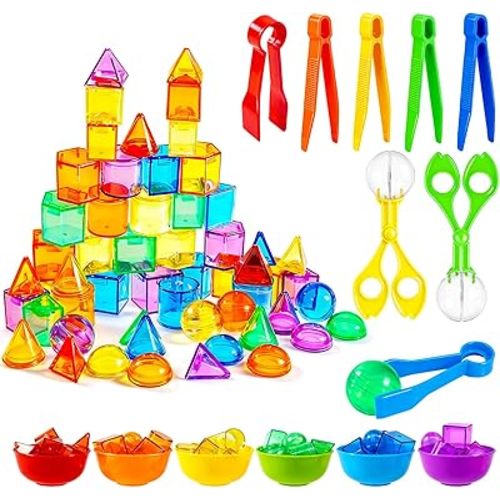 Bbiamsleep 76 Pcs Counting 3D Geometric Solids Colorful Plastic Geometric Shape Light Table Manipulative Counting Sorting Sensory Bin Filler Fine Motor Skills for Light Table Sorting Training