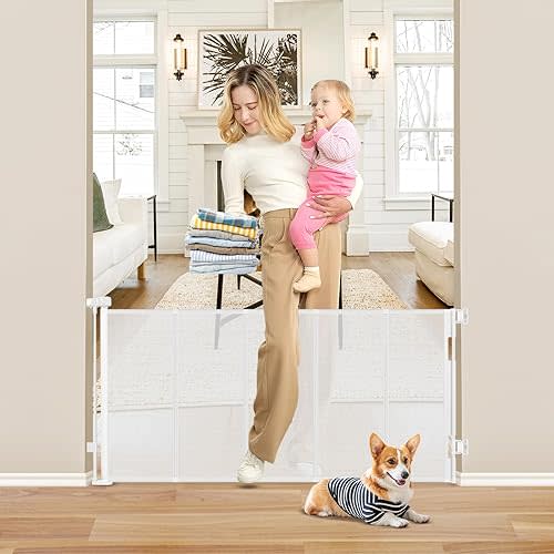 Reinforced 26 Inch Tall Retractable Baby Gates to Step Over 55" Wide Small Outdoor Retractable Child Gates for Doorways Short Retractable Dog Gates for Baby Indoor Retractable Stairs Gate for Kids