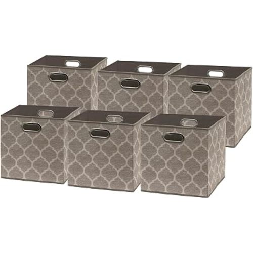 Simple Houseware 11-Inch Collapsible Fabric Cube Storage Bin with Handles, Printed Design, 6 Pack, Beige