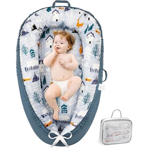 Baby Lounger - Infant Lounger for Newborn 0-24 Months, Pure Cotton Breathable Baby Nest Cover, Newborn Essentials for Baby Boys&Girls, Portable Baby Bed for Home and Travel(Snow House)