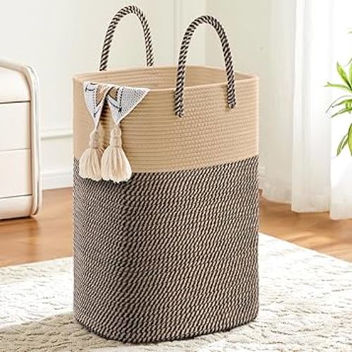 Laundry Basket,Woven Cotton Rope Laundry Hamper,Versatile Storage for Dirty Clothes,Baby Toys,and Blankets in Bathroom, Nursery,and Living Room (Jute, 60L)