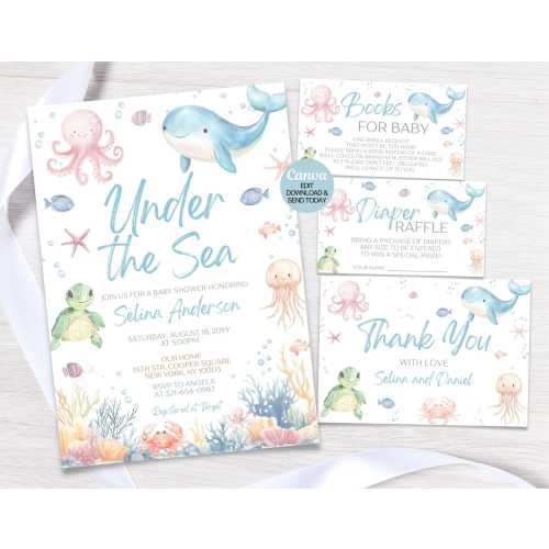 Editable Under The Sea Baby Shower Invitation template Set. Neutral Nautical Baby Shower Invitation. Instant download. Canva